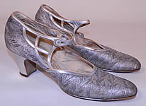 Vintage Silver Leather Lam&eacute; Lame Brocade Button Strap Mary Jane Flapper Shoes