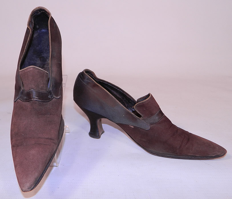 Vintage Chocolate Brown Silk & Suede Leather Pointed Toe Tongue Shoes
These charming womens slip on style slipper shoes have a decorative tongue top, elongated pointed toes, silk covered French Louis XV heels and are lined in leather. 