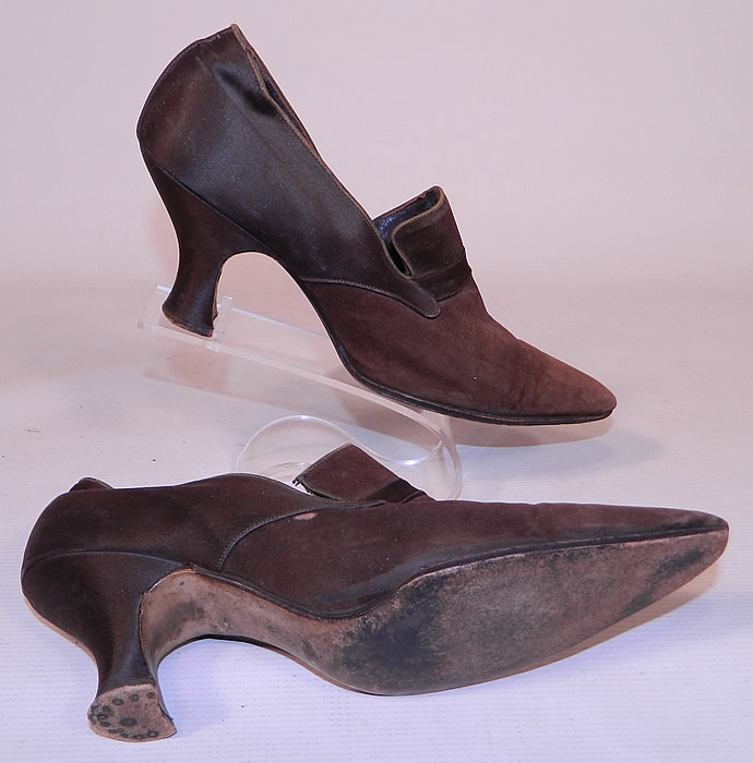 Vintage Chocolate Brown Silk & Suede Leather Pointed Toe Tongue Shoes
The shoes measure 10 1/2 inches long, 2 1/2 inches wide and have 3 inch high heels. My guess on size would be about a 7 narrow width. They have been gently worn and are in good condition, with only some slight soiling discoloration. These are truly beautiful quality made shoe!