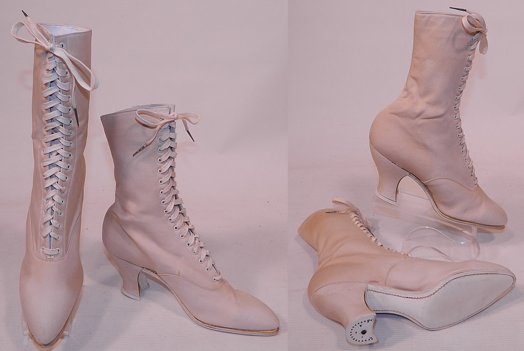Unworn Victorian Vintage White Cream Canvas High Top Lace-up Boots Shoes
They are old store stock, in unworn good wearable condition, with only some faint staining discoloration on the back from storage. These are truly a rare and beautiful quality made antique women's sportswear boot!