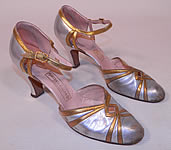 Vintage Marshal Field & Co Aristo Art Deco Silver Gold Leather Ankle Strap Evening Shoes
