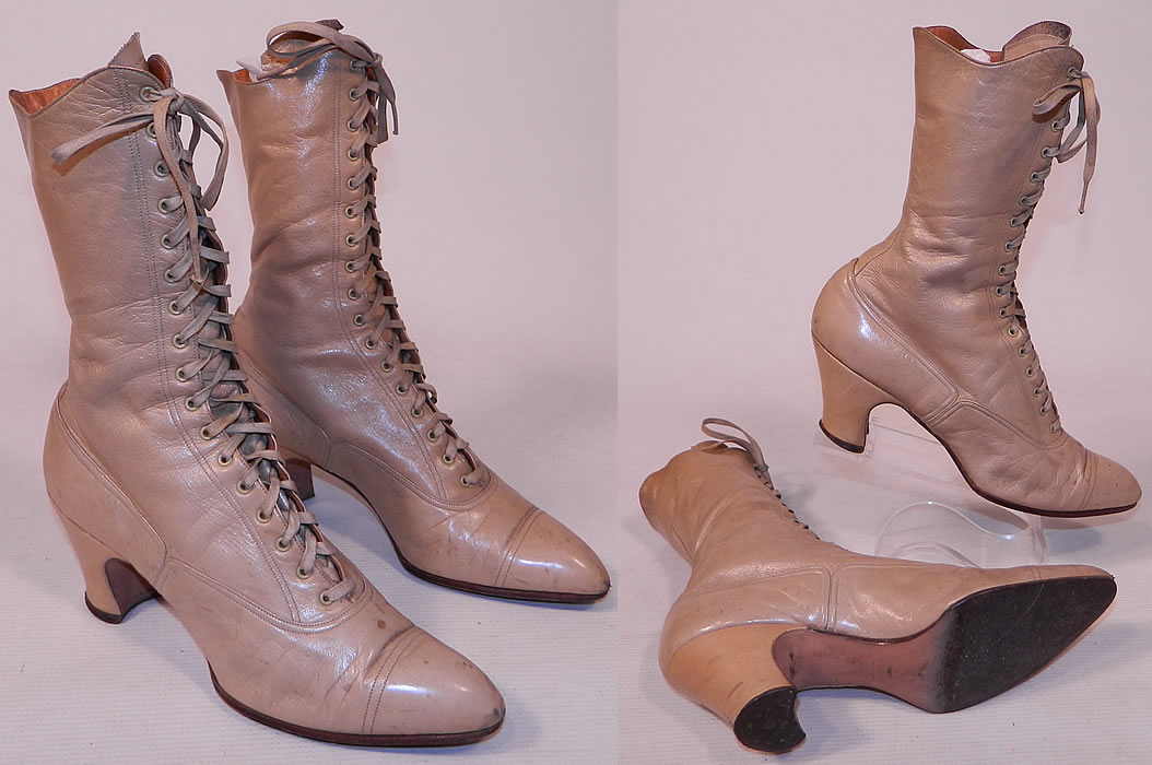 Victorian Antique Ecru Beige Leather High Top Lace-up Boots Swope Shoe Co.
The boots measure 10 inches tall, 10 inches long, 2 1/2 inches wide, with 2 1/2 inch high heels. These antique boots are difficult to size for today's foot, but my guess would be about a US size 6 or 7 narrow width. They are in good condition, gently worn, with some small scuffs marks, stains on the toes. These are truly a wonderful quality made antique boot!