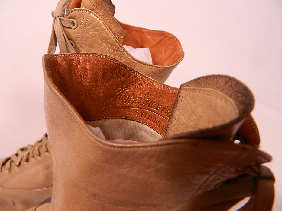 Victorian Antique Ecru Beige Leather High Top Lace-up Boots Swope Shoe Co.
They are stamped inside with a label from "Swope Shoe Co. St. Louis, Missouri".