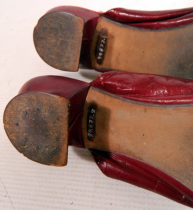 Victorian Womens Red Leather Quilted Silk Lining Backless Mules Slipper Shoes
There is a numbered tag printed on the leather bottom soles and are a museum deaccession. These are truly a wonderful unique piece of wearable antique Victoriana shoe art!