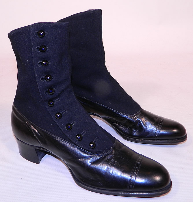 Victorian Black Wool & Leather High Top Button Boots T.E. Moseley Co. Boston
This pair of antique Victorian era black wool and leather high top button boots T.E. Moseley Co. Boston dates from 1900.