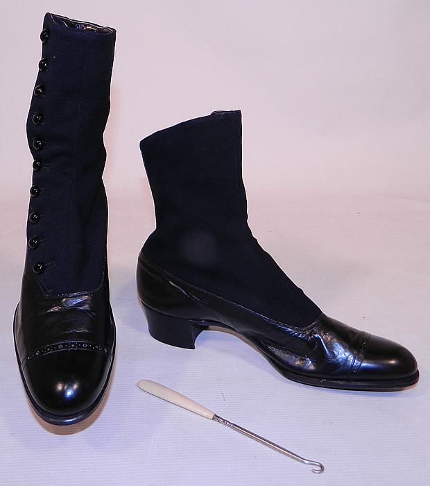 Victorian Black Wool & Leather High Top Button Boots T.E. Moseley Co. Boston
They are made of a supple black leather bottom shoe, with a black wool fabric top.
