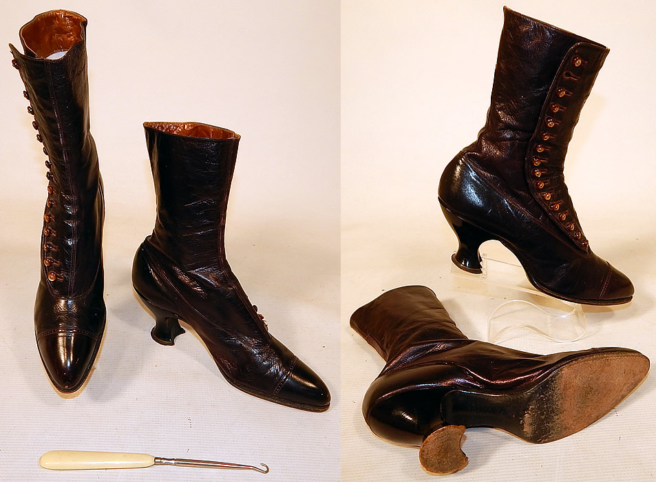 Victorian Women's Antique Bronze Brown Leather High Top Button Boots & Hook
The boots measure 10 inches tall, 10 inches long, 2 1/2 inches wide, with 3 inch high heels. These antique boots are difficult to size for today's foot, but my guess would be approximately a US size 7 narrow width. 