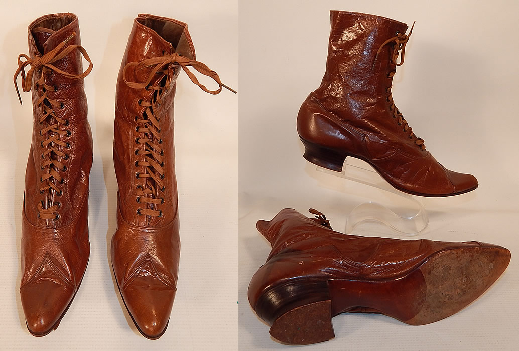 Victorian Antique Womens Brown Leather High Top Lace-up Boots Shoes
These antique boots are difficult to size for today's foot, but my guess would be approximately a US size 7 narrow width. 
