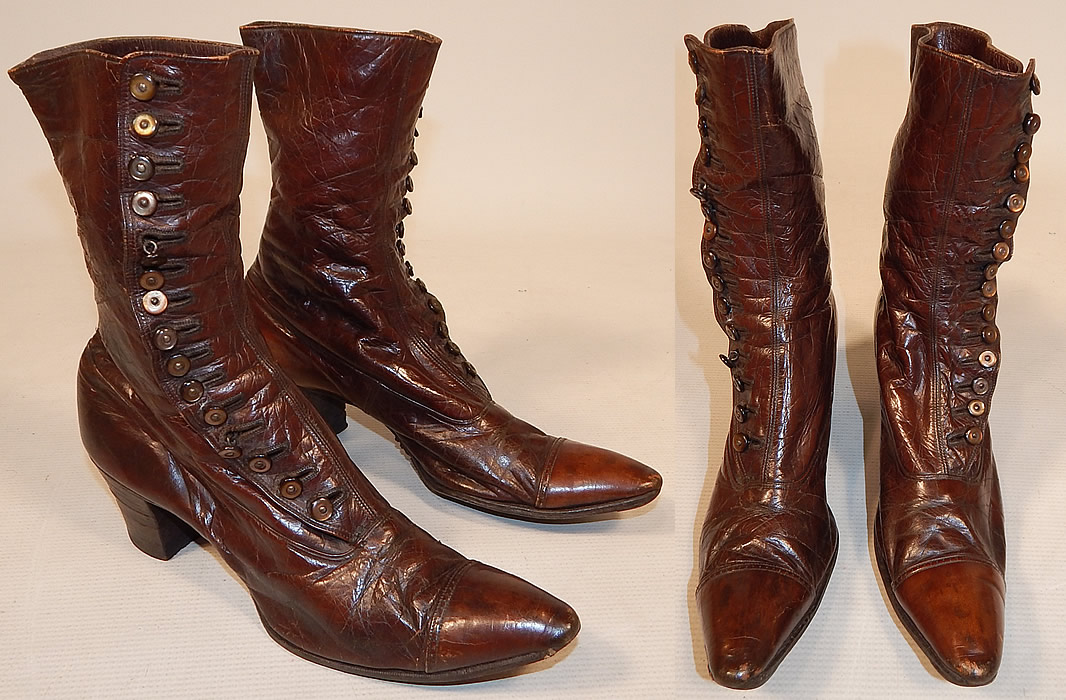 Victorian Antique Women's Brown Leather High Top Button Boots Shoe Hook
The boots have pointed toes, 15 brown mother of pearl shoe buttons along the side for closure and stacked wooden cube heels. 