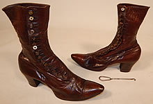 Victorian Antique Women's Brown Leather High Top Button Boots Shoe Hook 

