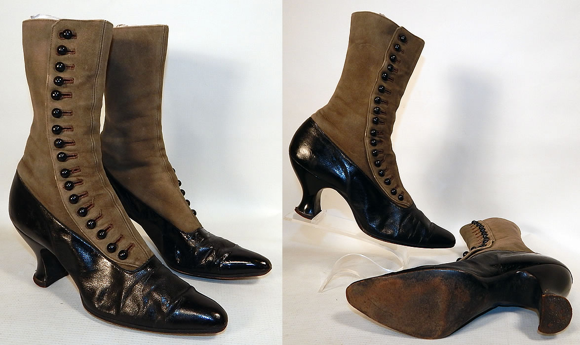 Victorian Women's Antique Gray Suede Black Patent Leather High Top Button Boots
These beautiful boots have a two tone contrasting color combination, with pointed toes, 17 black shoe buttons along the side for closure and black leather covered French spool heels. The boots measure 10 1/2 inches tall, 10 inches long, 2 1/2 inches wide, with 2 1/2 inch high heels. 