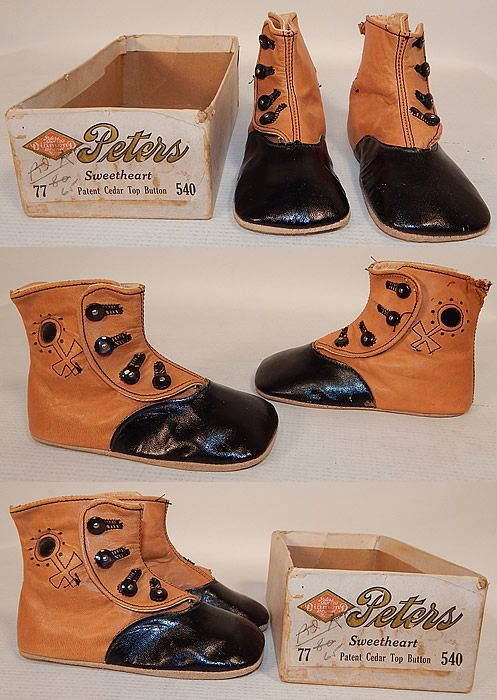 Victorian Peters Sweetheart Tan & Black Leather High Button Baby Boots Childs Shoes
This pair of antique Victorian era Peters Sweetheart tan and black leather high button baby boots child's shoes date from 1900. They are made of a light brown tan leather upper top, black patent leather front toes and decorative cutwork, punchwork designs on the side.