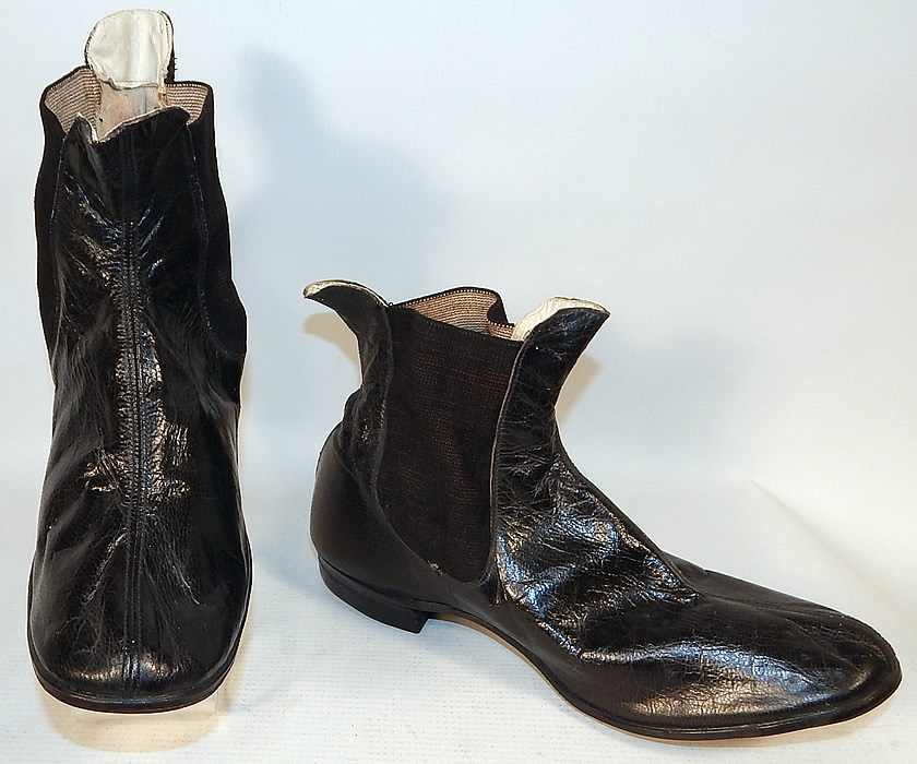 Unworn Antique Victorian Black Leather Hub Gore Elastic Side Dainty Ankle Half Boots
They are made of black leather, with black Hub Gore patented elastic fabric sides. 