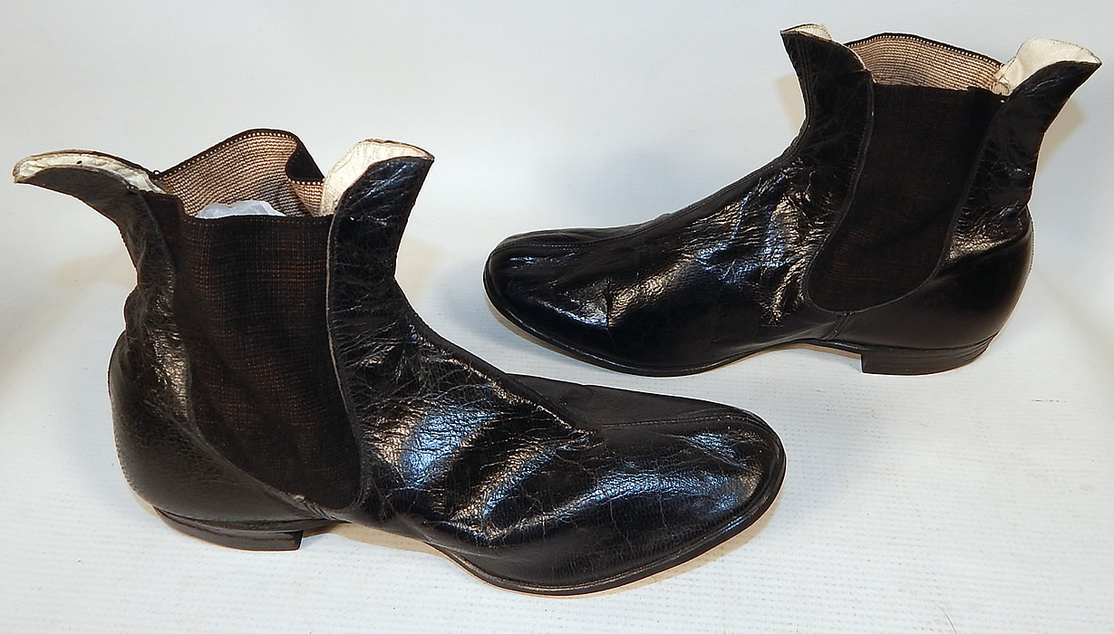 Unworn Antique Victorian Black Leather Hub Gore Elastic Side Dainty Ankle Half Boots
The shoes measure 10 inches long, 3 inches wide, with a 3/4 inch high heel. They are old store stock, in excellent unworn condition.
