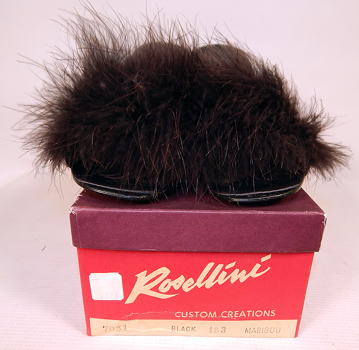 Vintage Rosellini Custom Creations Black Maribou Feather Stiletto Heel Mule Shoes Slipper & Box
These sexy pin-up kitten mule backless style slipper shoes have open toes and a stiletto high heel. 