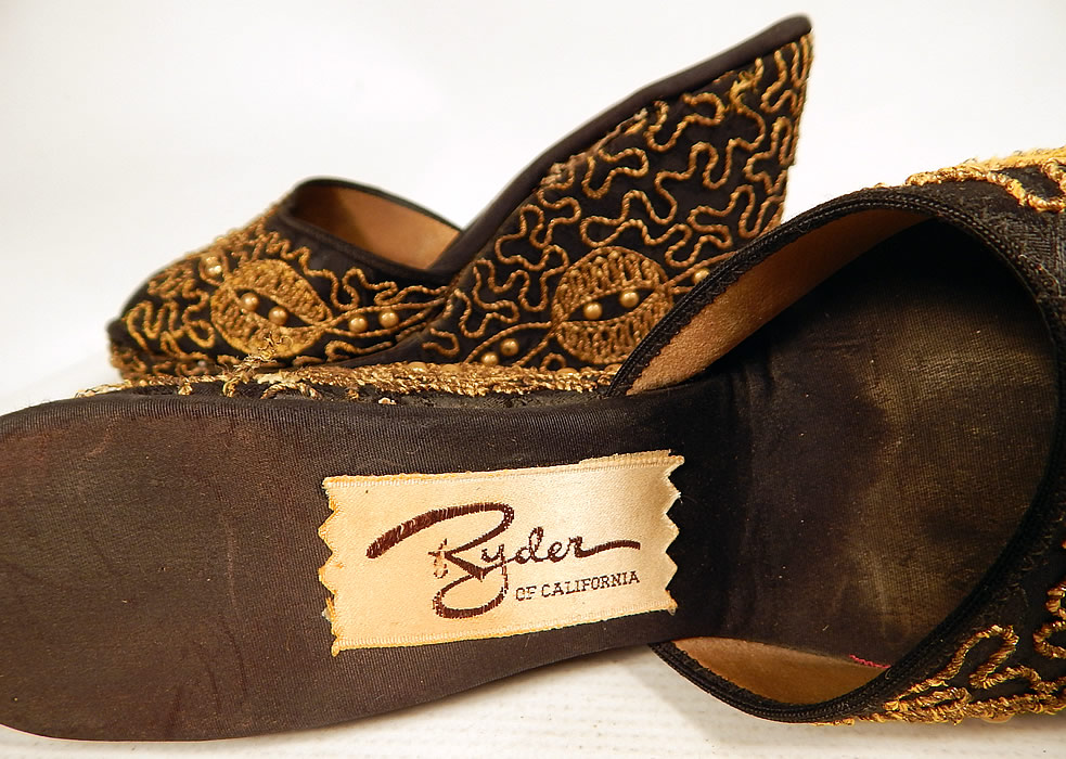 Vintage Ryder of California Black Gold Studded Soutache Wedge Heel Platform Shoes
These are truly a rare and wonderful piece of wearable shoe art!  Label close up.