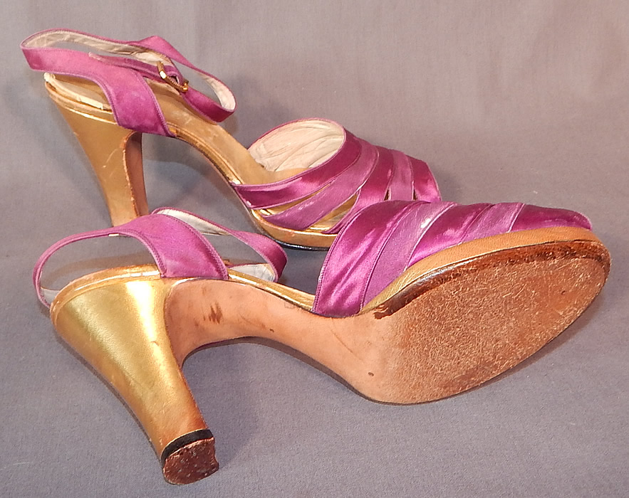 Vintage Purple Silk Satin Ankle Strap Gold Leather Heel Trim Platform Shoes
They are in good condition and have been gently worn, with only minor wear. These are truly a wonderful piece of quality made wearable shoe art!