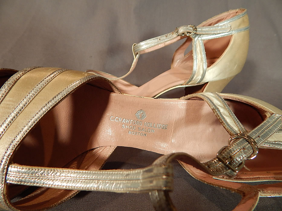 Vintage C. Crawford Hollidge Shoe Salon Cream Silk Satin Silver Leather T-Straps
There are stamped inside the pink lining with silver embossed lettering "C. Crawford Hollidge Shoe Salon Boston" label. 
