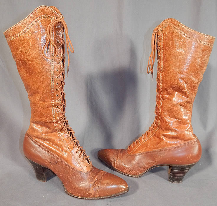 Victorian Vintage I. Miller NY Brown Leather High Top Lace-up Hiking Boots Shoes
This pair of antique Victorian era vintage I. Miller NY brown leather high top lace-up hiking boots shoes date from 1900. They are made of a two tone light brown tan leather, with decorative cutwork designs.