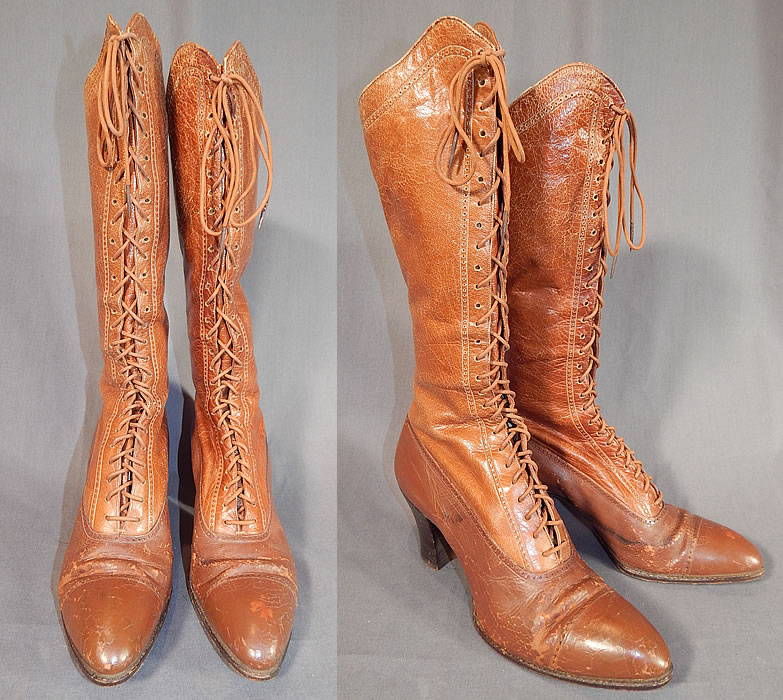 Victorian Vintage I. Miller NY Brown Leather High Top Lace-up Hiking Boots Shoes
They are made of a two tone light brown tan leather, with decorative cutwork designs. 