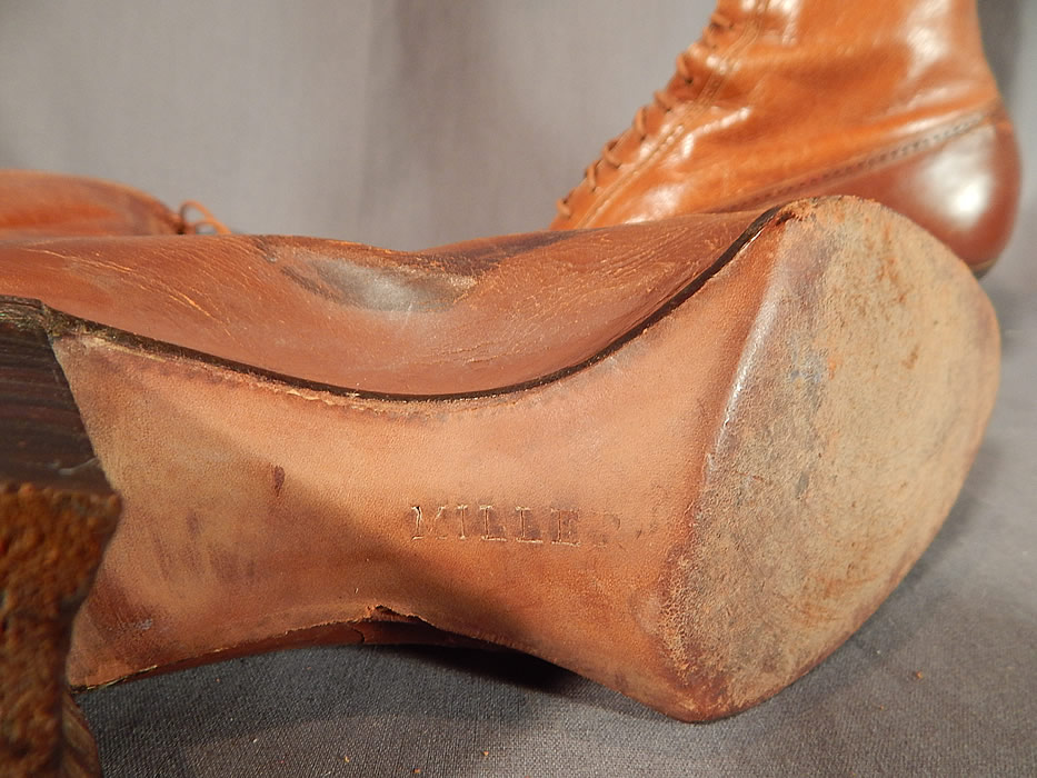 Victorian Vintage I. Miller NY Brown Leather High Top Lace-up Hiking Boots Shoes
The boots measure 13 inches tall, 10 inches long, 3 inches wide, with a 2 inch high heel. These antique boots are difficult to size for today's foot, but my guess would be approximately a US size 7 narrow width. They have been gently worn and are in good as-is condition, with some wear, scuff marks and some flaking, cracks on the leather. These are truly a rare, quality made antique Victoriana boot great for design or display!