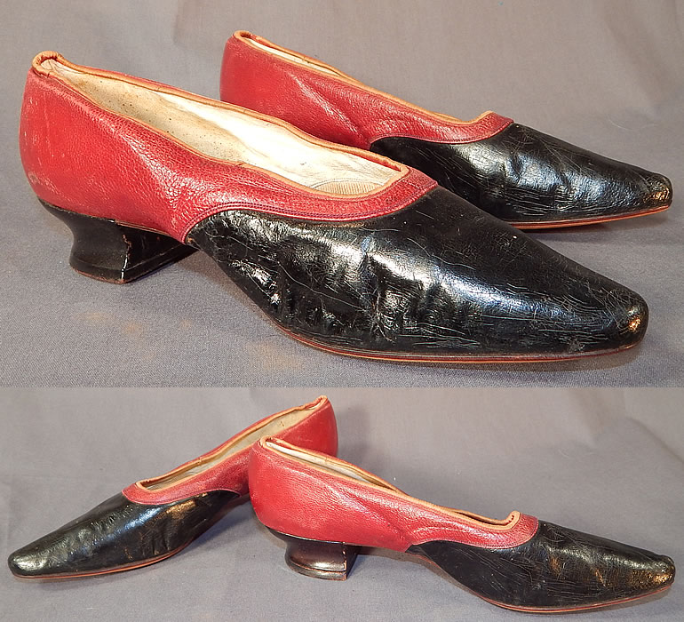 Victorian Red & Black Two Tone Leather Pointed Toe French Heel Slipper Shoes
They are made of a two tone red and black leather. These charming womens shoes have a slip on slipper style, with pointed toes, painted black low wooden stacked French Louis XV heels and are lined in a white kid leather. 