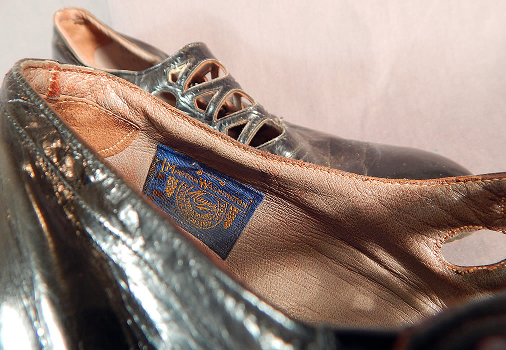 Edwardian Martha Washington Mayer Black Leather Lattice Button Strap Shoes
They have a "Martha Washington Mayer Trademark" label and are stamped inside a size 7 D. 