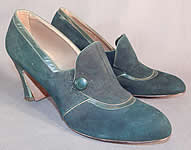 Vintage Art Deco Dark Green Suede Leather Button Trim Unworn Shoes
