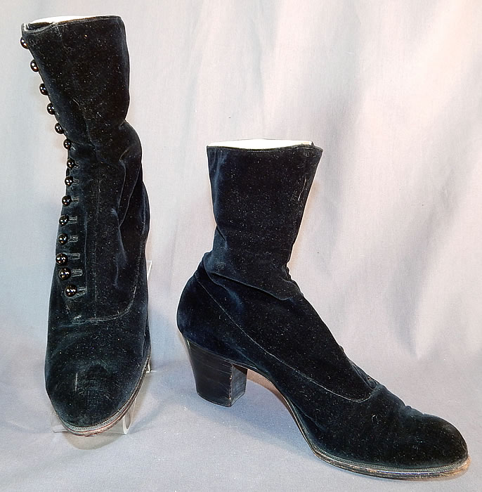 Victorian Black Velvet Pink Silk Lined High Top Button Boots Shoes
The boots measure 9 inches tall, 10 inches long, 3 inches wide, with 2 inch high heels.