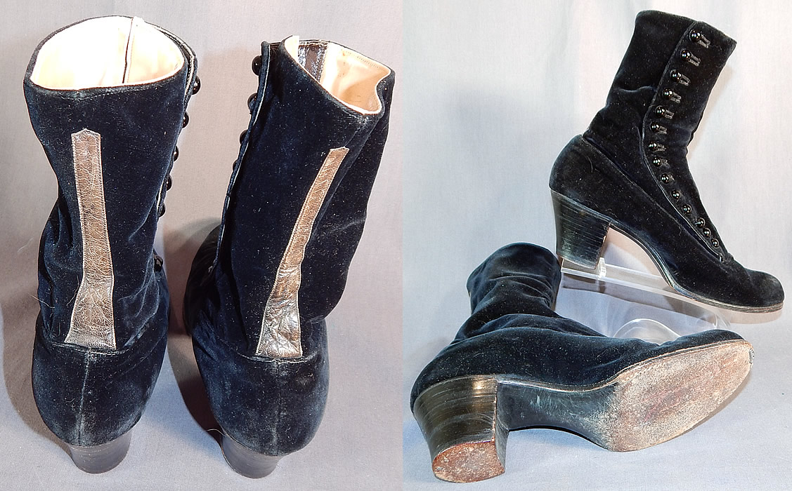 Victorian Black Velvet Pink Silk Lined High Top Button Boots Shoes
These antique boots are difficult to size for today's foot, but my guess would be about a US size 6 or 7 narrow width. 