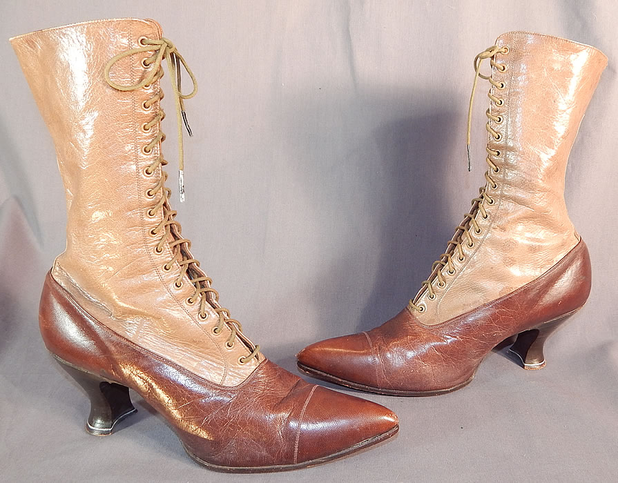 Victorian Antique Brown Two Tone Leather High Top Lace-up Boots Shoes
They are made of a supple two tone brown, and tan color leather. These beautiful boots have pointed toes, the original khaki tan shoe string laces for closure and stacked wooden spool heels. 