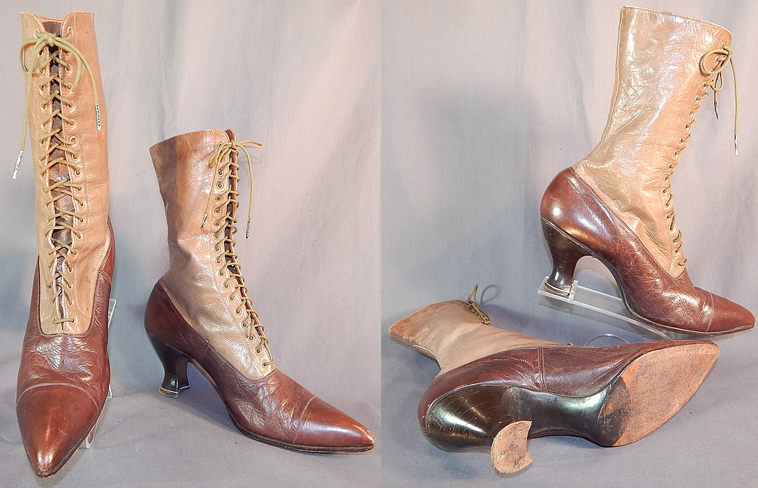 Victorian Antique Brown Two Tone Leather High Top Lace-up Boots Shoes
The boots measure 11 1/2 inches tall, 11 inches long, 3 inches wide, with 2 1/2 inch high heels. These antique boots are difficult to size for today's foot, but my guess would be about a US size 7 1/2 or 8 narrow width.