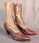 Victorian Antique Brown Two Tone Leather High Top Lace-up Boots Shoes
