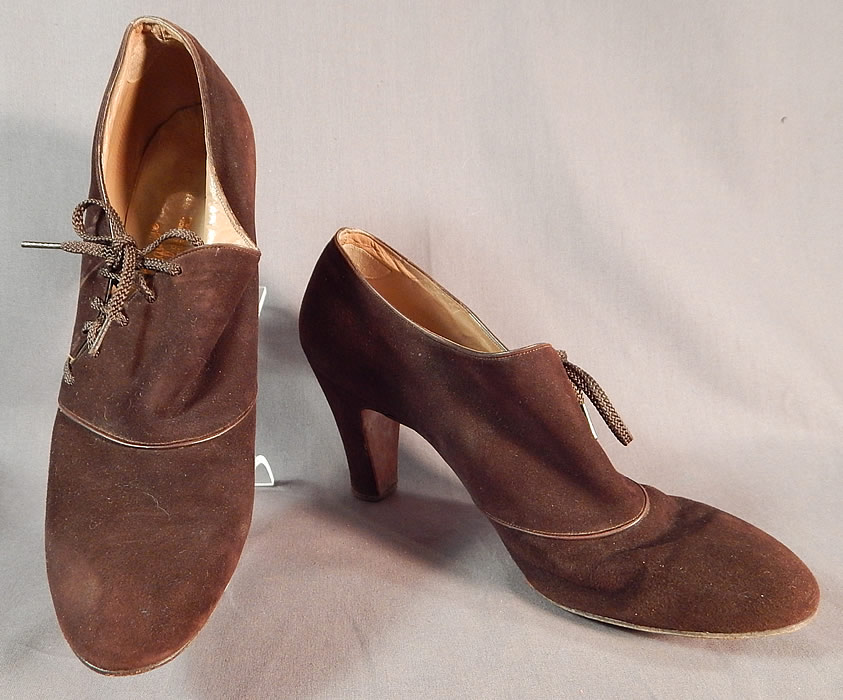 Vintage Marquise Footwear Brown Suede Leather Side Lacing Trim Art Deco Shoes
They are made of a dark brown suede leather. 
