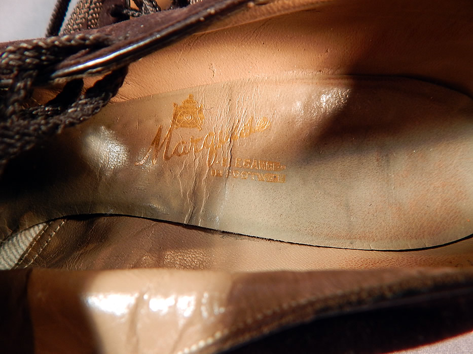 Vintage Marquise Footwear Brown Suede Leather Side Lacing Trim Art Deco Shoes
They have a "Marquise Elegance Footwear" label stamped inside the insoles.