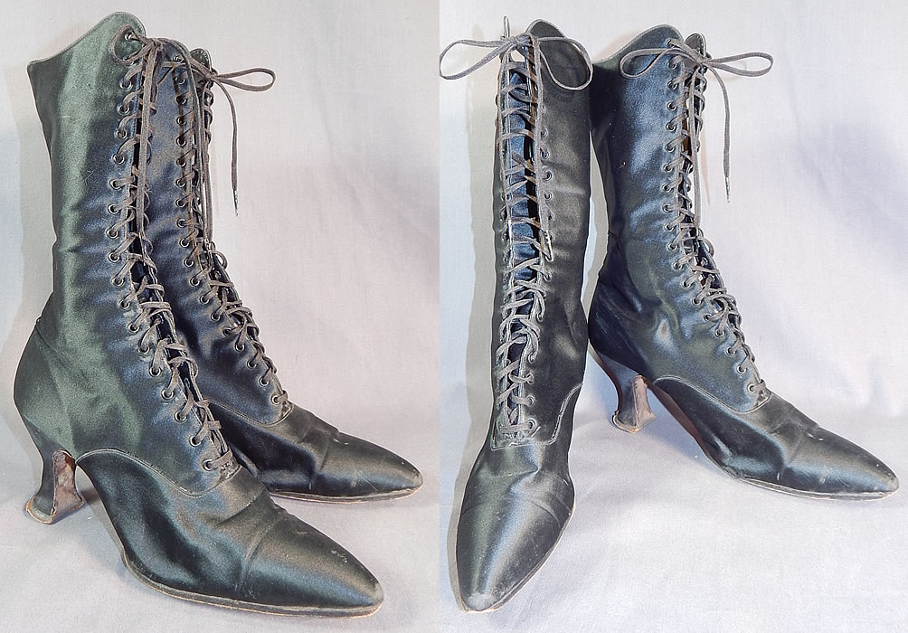 Victorian Vintage Oppenheim Collins & Co. Black Silk Satin High Top Lace-up Boots
They are made of a black silk satin fabric. 