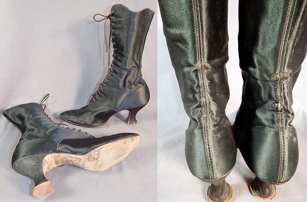 Victorian Vintage Oppenheim Collins & Co. Black Silk Satin High Top Lace-up Boots
These beautiful black boots are tall with scalloped tops, long pointed toes, the original black shoe string laces for closure and black silk covered French spool heels. 