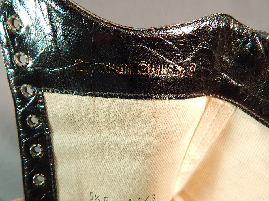 Victorian Vintage Oppenheim Collins & Co. Black Silk Satin High Top Lace-up Boots
They are stamped inside "Oppenheim, Collins & Co." size 5 1/2 B. The boots measure 12 inches tall, 11 inches long, 2 3/4 inches wide, with 2 1/2 inch high heels. They have been gently worn and are in good condition, with only a few small frays on the back heels (see close-up). These are truly a rare and beautiful quality made antique boot!