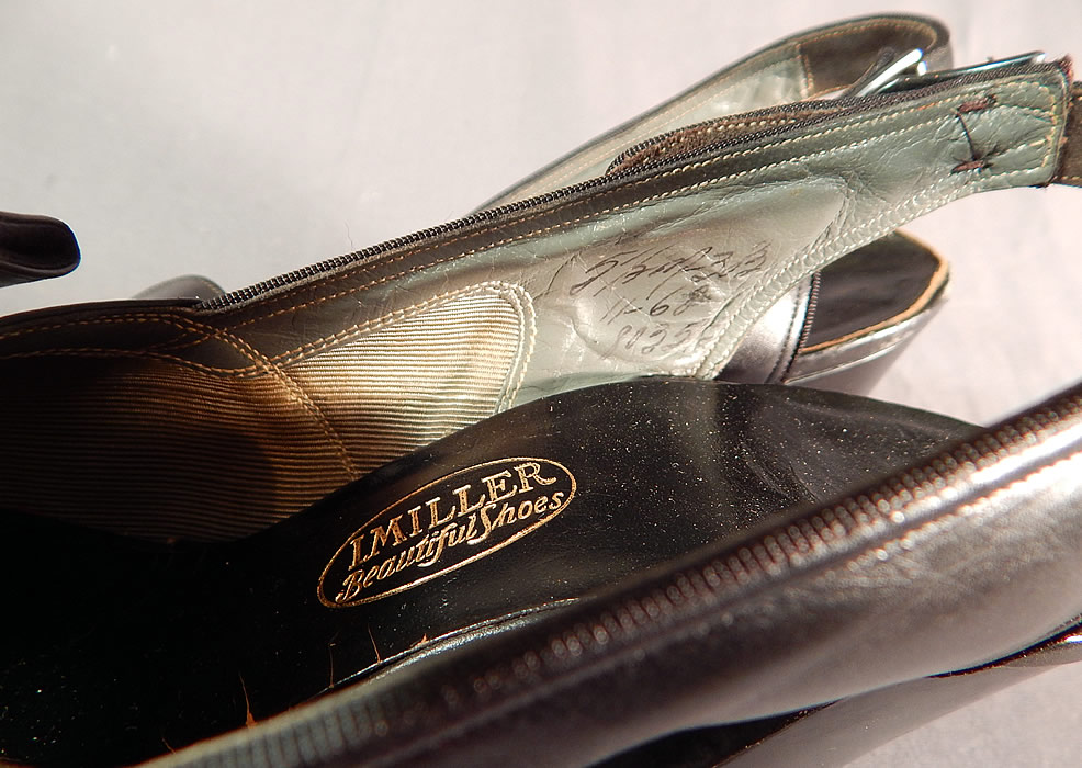 Vintage I. Miller Black Patent Leather Sling Back Peep Toe Pumps Pinup ShoesThey have a black insole lining with a gold embossed label inside "I. Miller Beautiful Shoes" and are stamped a size 5 1/2. 