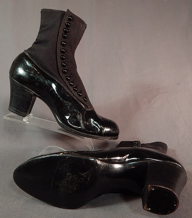 Victorian Unworn Womens Black Wool Patent Leather High Top Button Boots
They are in excellent unworn condition, with only some minor scuffs on the patent leather from storage. These are truly a wonderful quality made antique boot!
