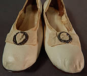 Victorian White Kid Leather Steel Cut Beaded Buckle Silk Bow Wedding Shoes 
