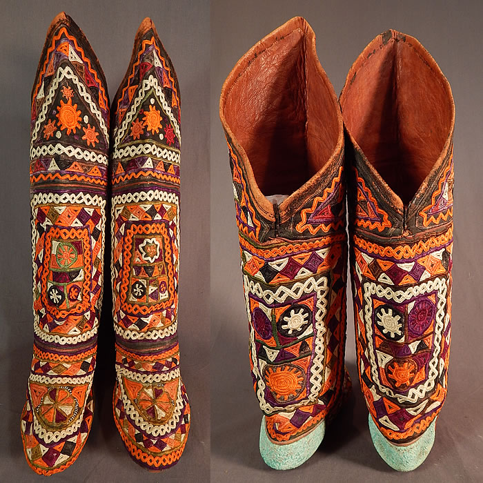 Vintage Antique Turkmen Tribal Ethnic Colorful Embroidered Leather High Top Boho Boots
These beautiful boho boots have a moccasin style with soft leather bottom soles, blue leather trimmed back heels, a tall extended height with knee cap covering and are leather lined inside. 