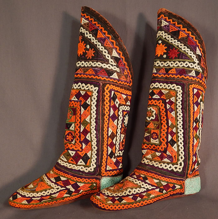 Vintage Antique Turkmen Tribal Ethnic Colorful Embroidered Leather High Top Boho Boots
The boots measure 18 inches tall, 10 inches long and 3 1/4 inches wide. 