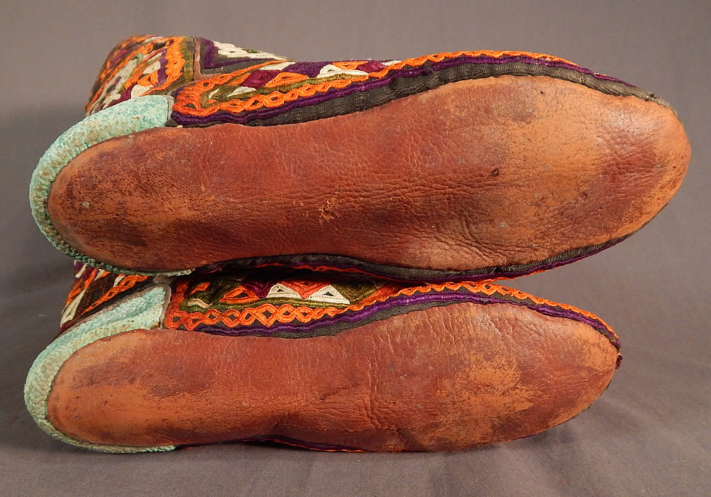 Vintage Antique Turkmen Tribal Ethnic Colorful Embroidered Leather High Top Boho Boots
They are in excellent wearable condition and have been gently worn with minor wear to the leather trim edging. 