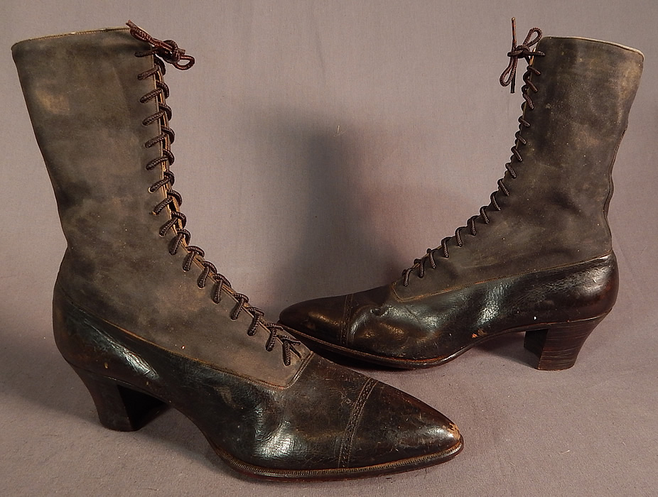 Victorian T.E. Mosely Co Gray Suede Black Leather High Top Lace-up Boots Shoes
They are made of a two tone charcoal gray color suede upper boot and black patent leather shoe. 