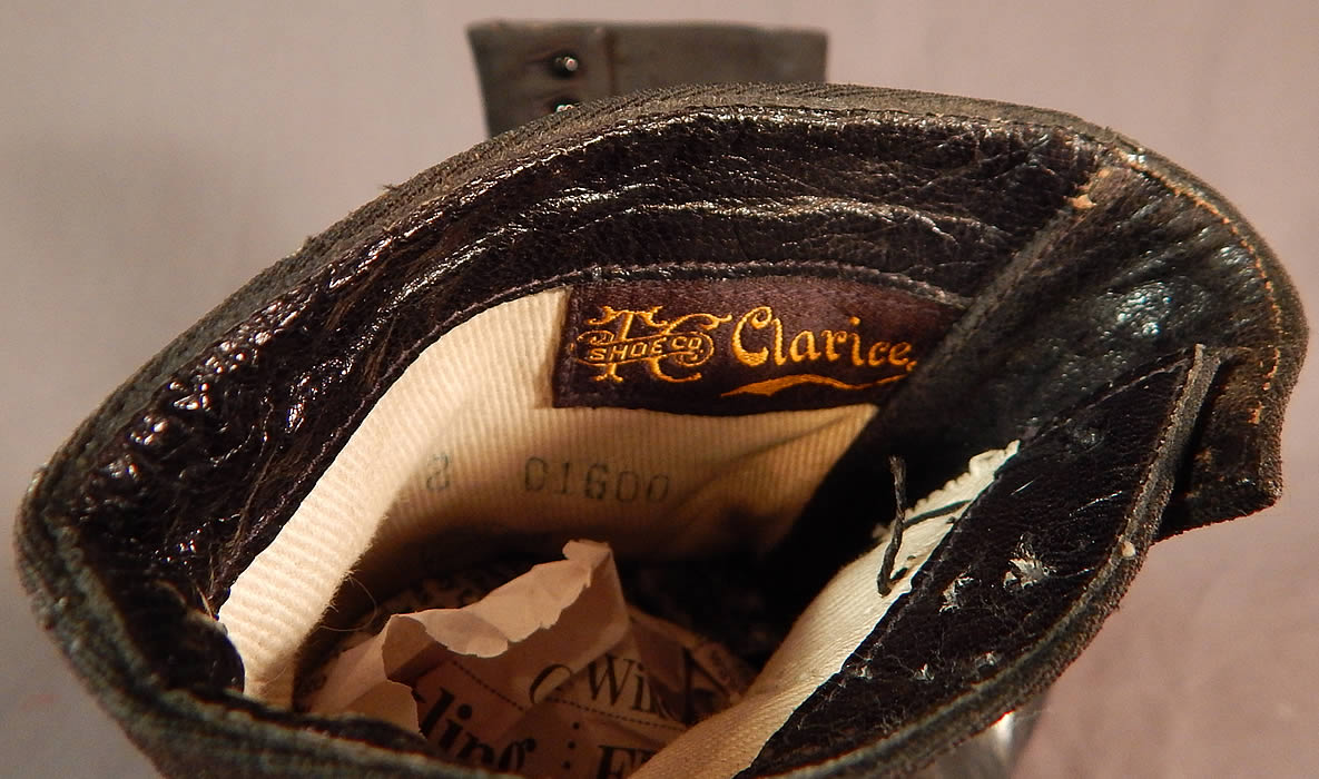 Victorian Womens Black Wool & Leather High Top Button Boots Clarice TC Shoe Co.
These antique boots are difficult to size for today's foot, but my guess would be about a US size 6 or 7 narrow width.