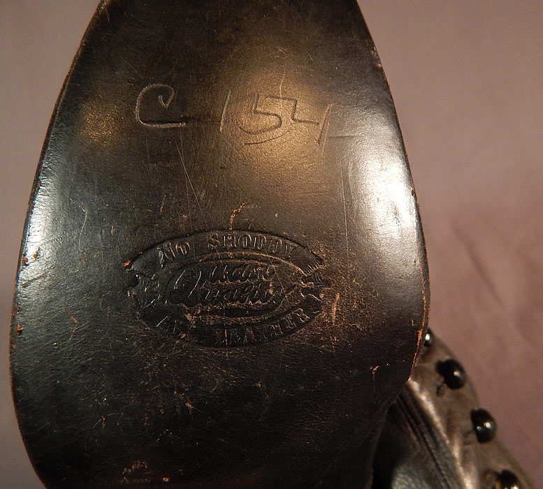 Victorian May Blossom Black Gray Two Tone Leather High Top Button Boots Shoes
There is a "May Blossom No Shoddy Quast Quality" label inside and stamped on the bottom soles. 