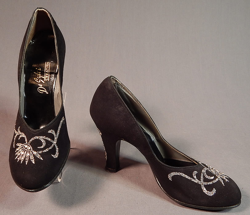 Vintage De Sylvi Creation Hand Painted Black Suede Leather Rhinestone Beaded Shoes
These sensational swing dance shoes pumps have a slip on pump style and beaded leather covered modified boulevard high heels.