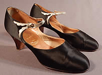 Vintage Peacock Shoe Art Deco Black Silk Satin Silver Button Strap Mary Jane Shoes
