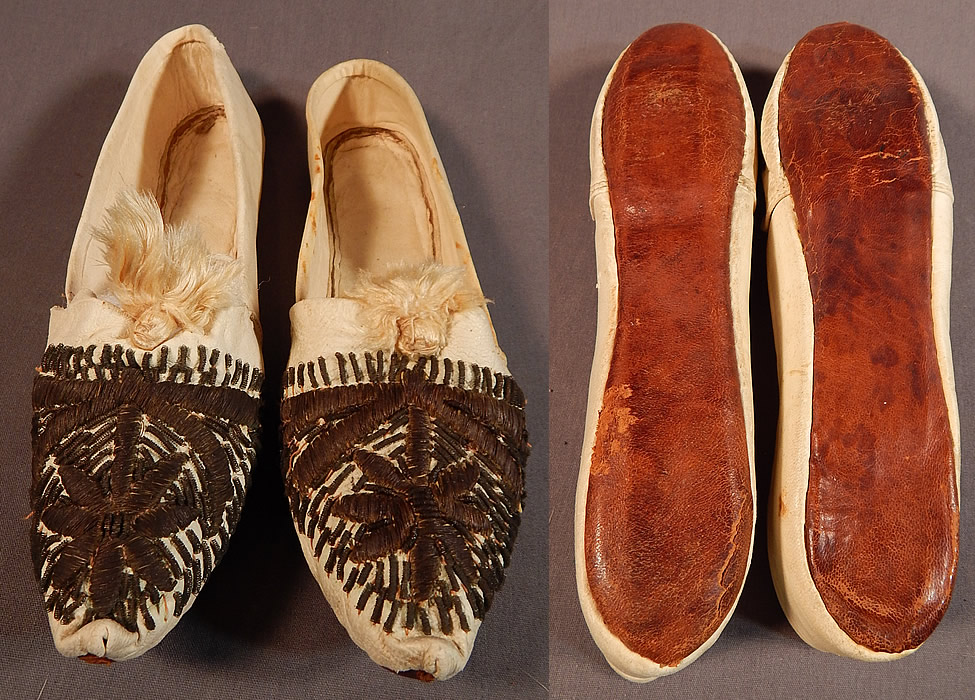 Vintage Turkish Ottoman White Kid Leather Gold Purlwire Embroidered Slipper Shoes
These are truly a beautiful one of a kind piece of wearable antique Ottoman textile shoe art! 
